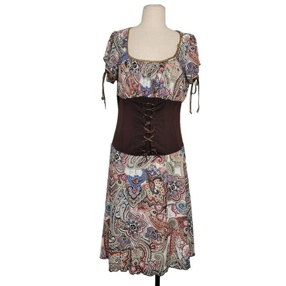 Vtg 90s Torrid Paisley Mesh Corset Dress Sz L/1X Brown Stretch Witchy Made USA - Picture 1 of 11